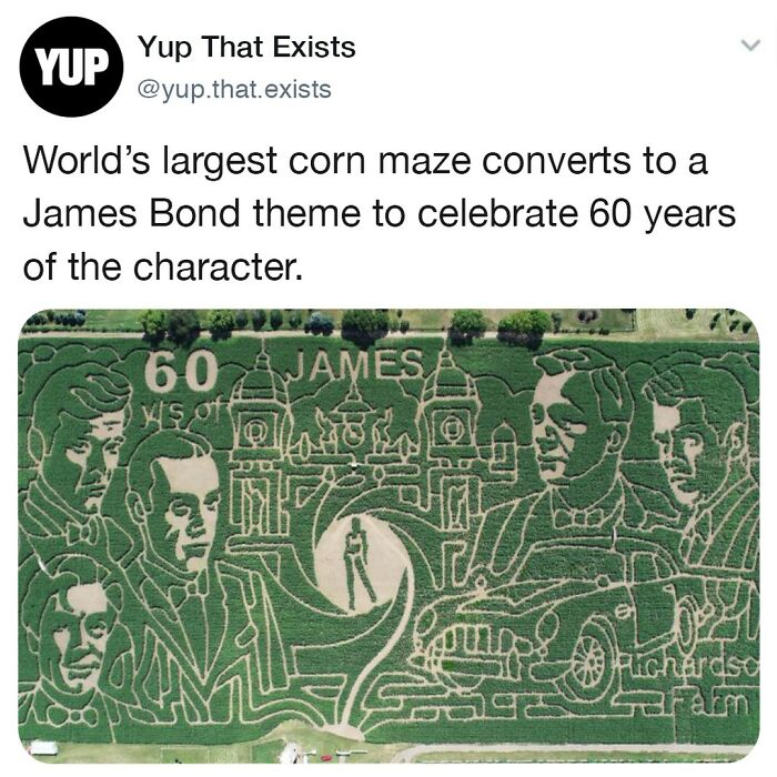 Aerial view of the world’s largest corn maze featuring a James Bond theme celebrating 60 years of the character.