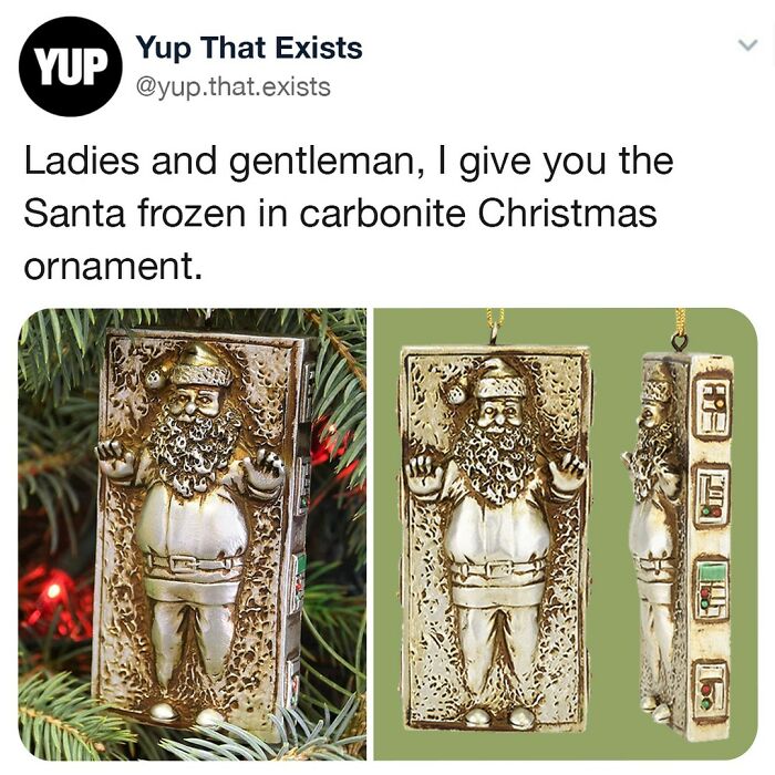 Santa frozen in carbonite Christmas ornament shown in multiple angles, a weird but very real novelty holiday decoration.