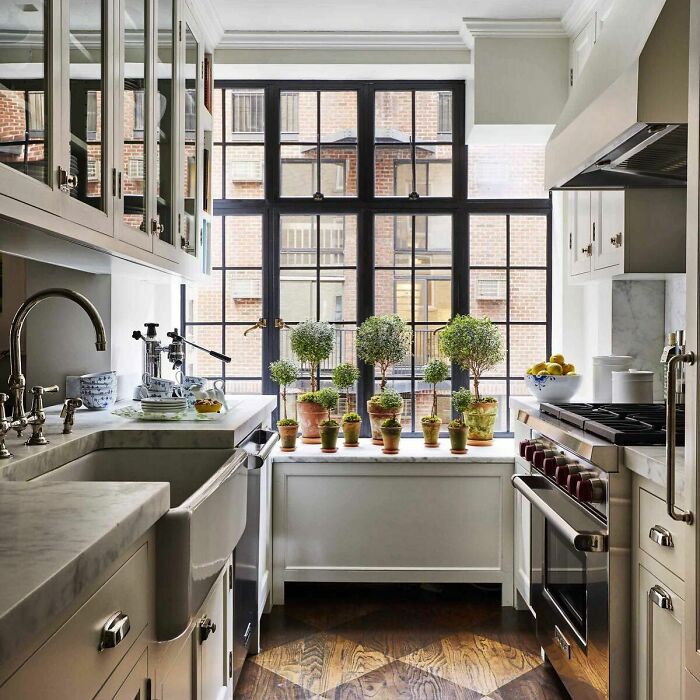 Modern galley kitchen with marble counters, large window, and potted plants showcasing galley kitchen ideas.