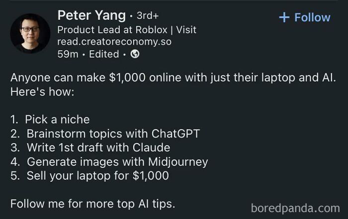 Screenshot of social media post sharing tips on making $1,000 online using laptop, AI tools, and hustle culture strategies.