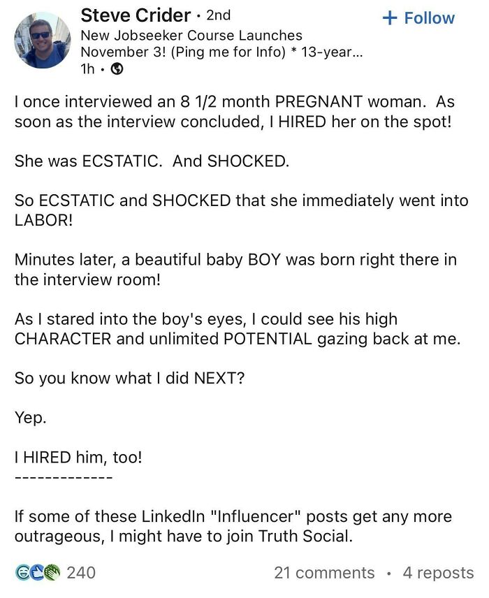 LinkedIn post humorously highlighting extreme hustle culture with a pregnant woman hired, giving birth during job interview.