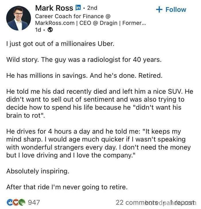 Screenshot of LinkedIn post about a retired radiologist preferring to drive Uber, reflecting hustle culture impact.