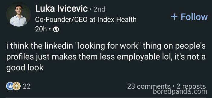 LinkedIn post by CEO discussing job-seeking profiles and how hustle culture affects employability perception.