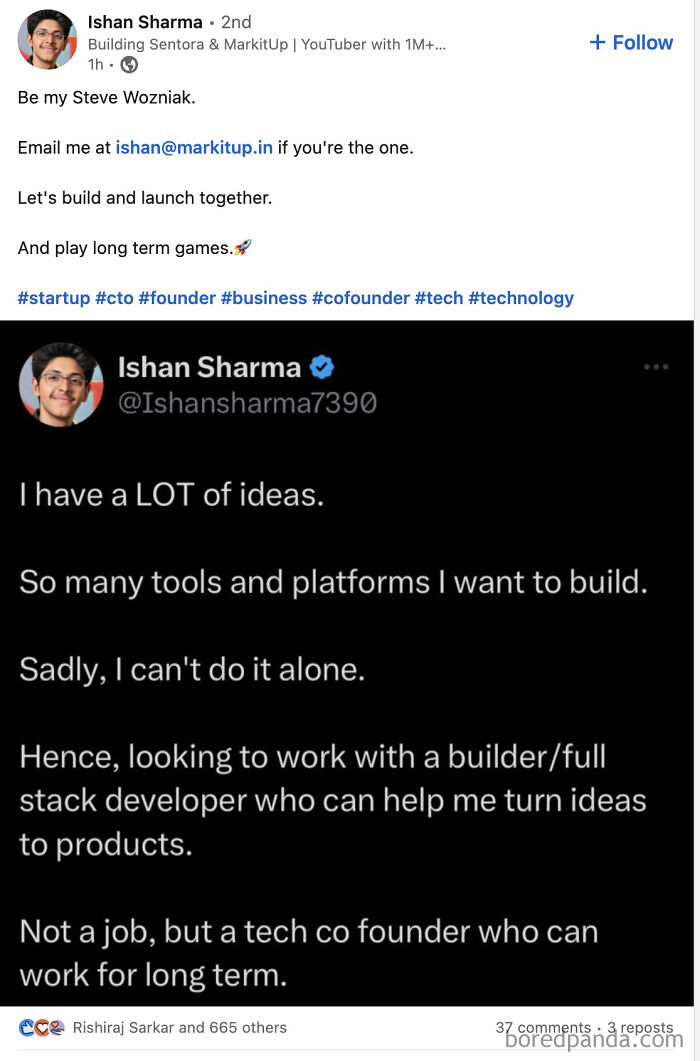 Post from a tech entrepreneur seeking a cofounder to build products, exemplifying hustle culture and startup mindset.