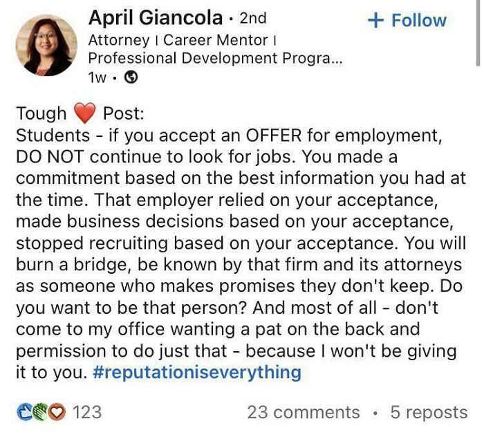 LinkedIn post by attorney and career mentor emphasizing commitment and reputation in hustle culture mindset.