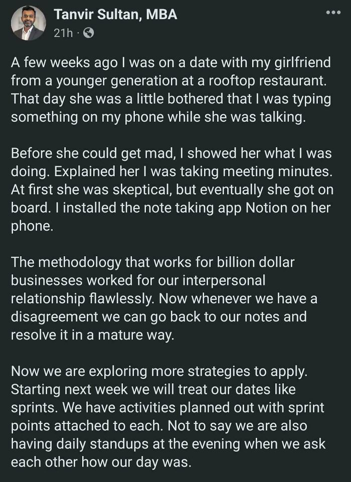 Text post about applying hustle culture strategies to dating, showing people so consumed by hustle culture they lose touch with reality.