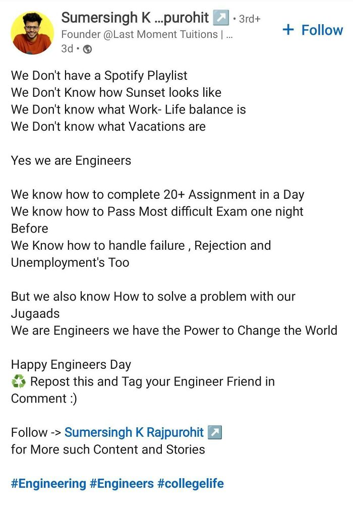 LinkedIn post by an engineer discussing hustle culture, work-life balance, and overcoming challenges in college life.