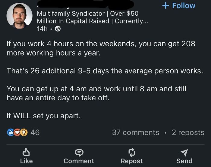 Social media post promoting hustle culture hours and advice on working early to gain advantage in productivity.
