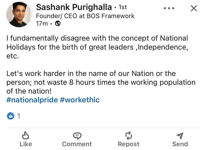 LinkedIn post by CEO opposing national holidays, promoting hustle culture and work ethic over rest time.