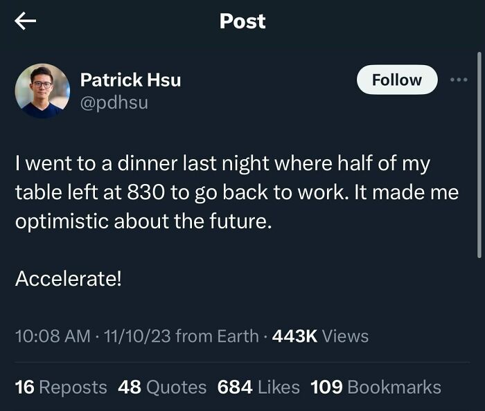 Tweet by Patrick Hsu about hustle culture where people leave early dinners to return to work, reflecting hustle culture impact.