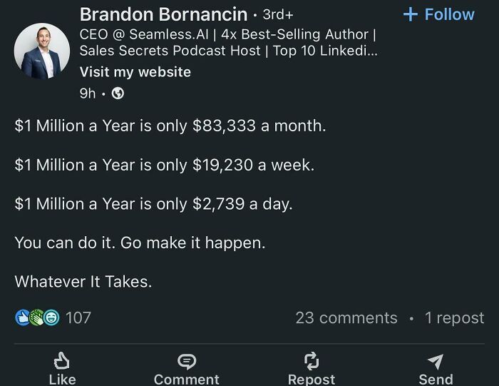 Alt text: Social media post showing motivational hustle culture message about earning $1 million a year broken down by month, week, and day.