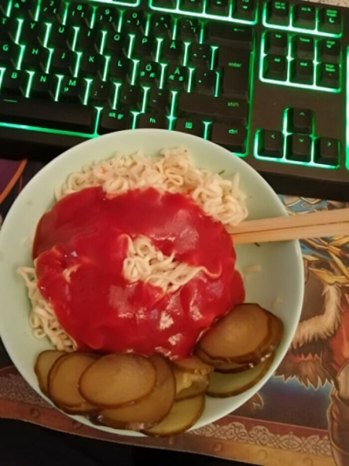 My Friend Prefers To Eat His Instant Ramen Like This, Ketchup And Pickles