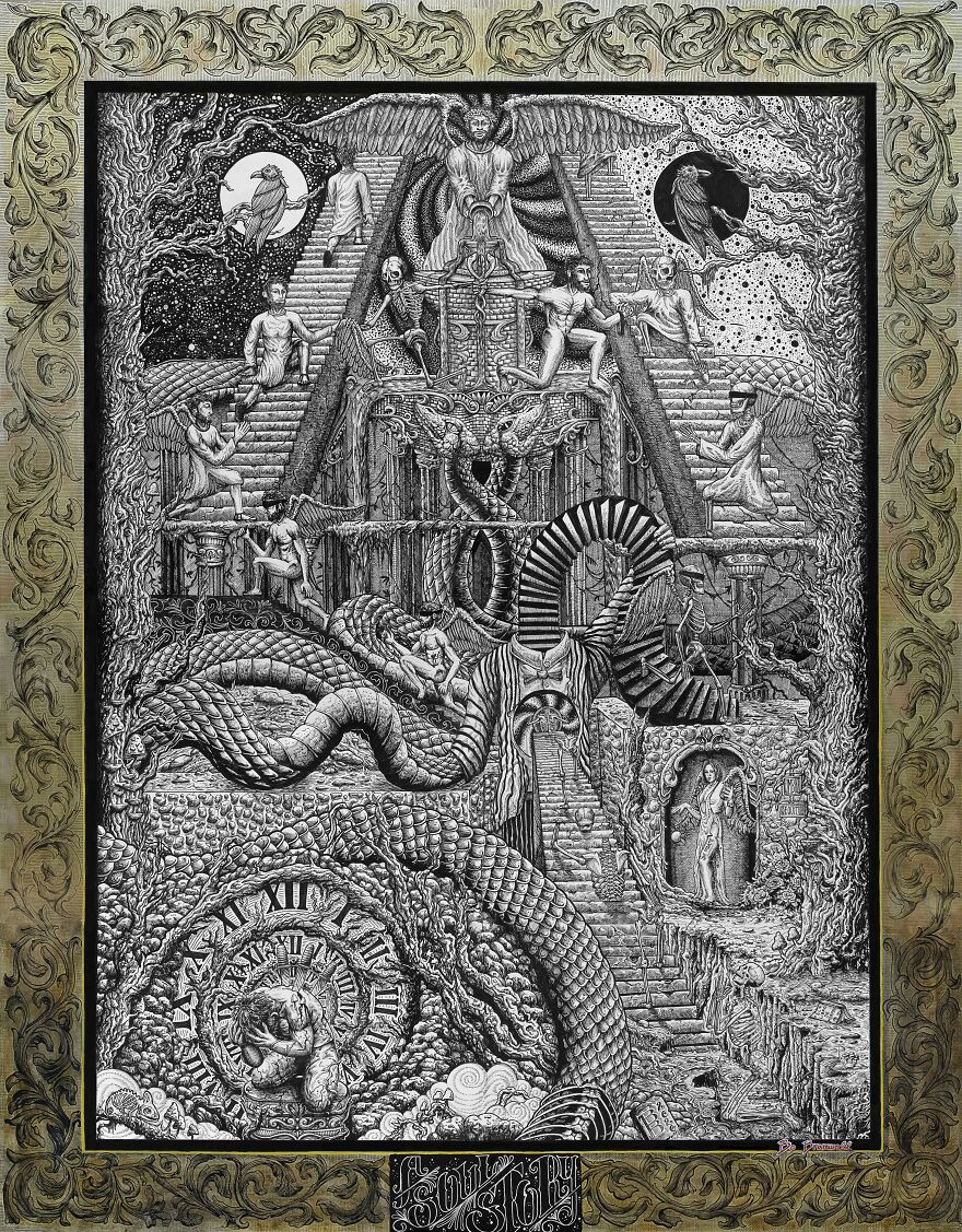 This Piece Took 350 Hours And Tells The Story Of Me Leaving Religion, Becoming An Addict, Attempting Suicide, Living In A Shelter, And Finally Finding Myself. All Through Symbolism