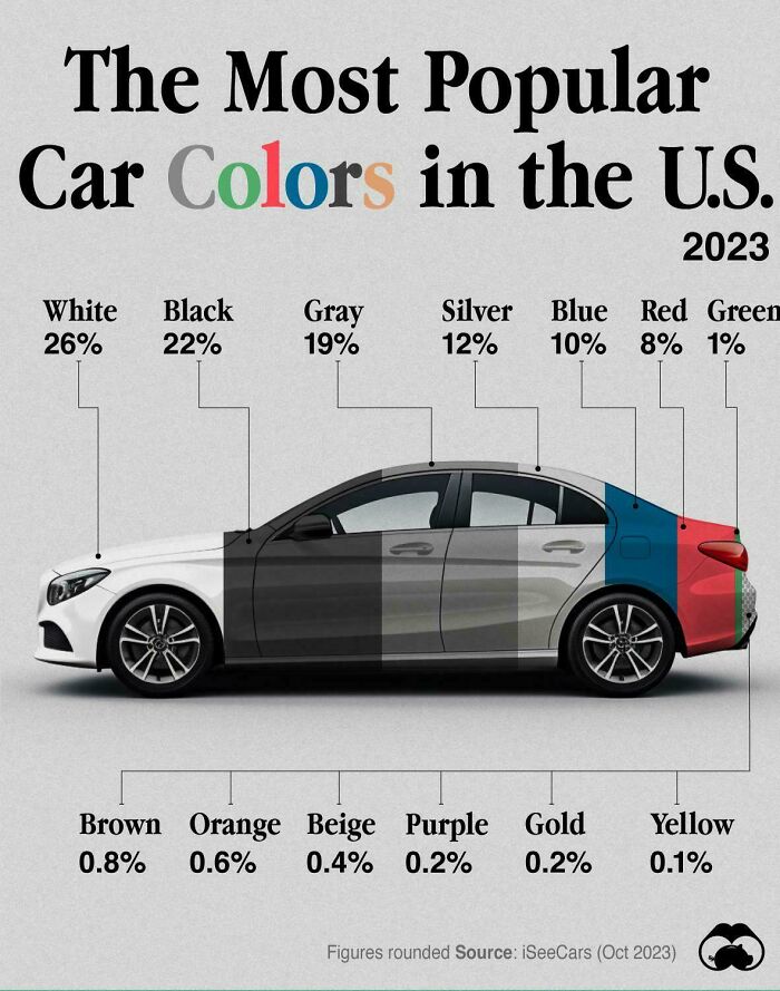 Infographic showing the most popular car colors in the U.S. in 2023 with visual facts about world trends.