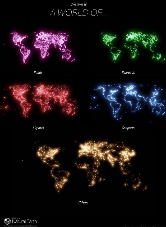 World map infographic showing roads, railroads, airports, seaports, and cities in vibrant colored lights.