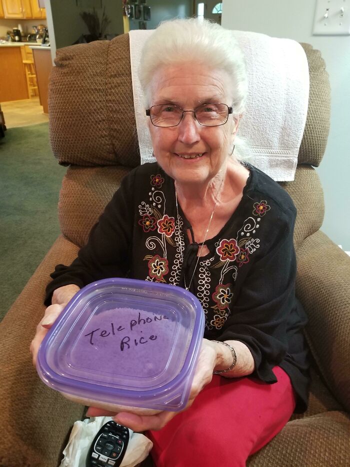 "Grandma, Do You Have Some Rice That I Can Put My Phone In? It Got Wet". She Pulls This Out Of A Cabinet