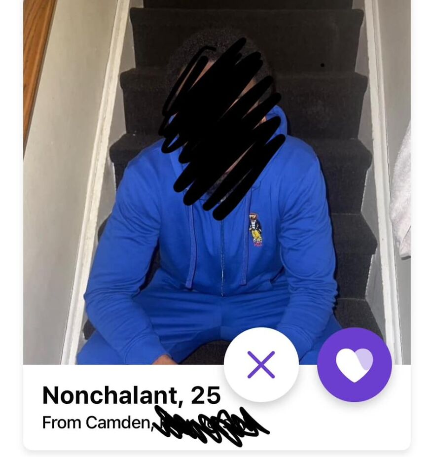 Individual named Nonchalant, age 25, sitting on stairs in blue outfit with name overlay emphasized.