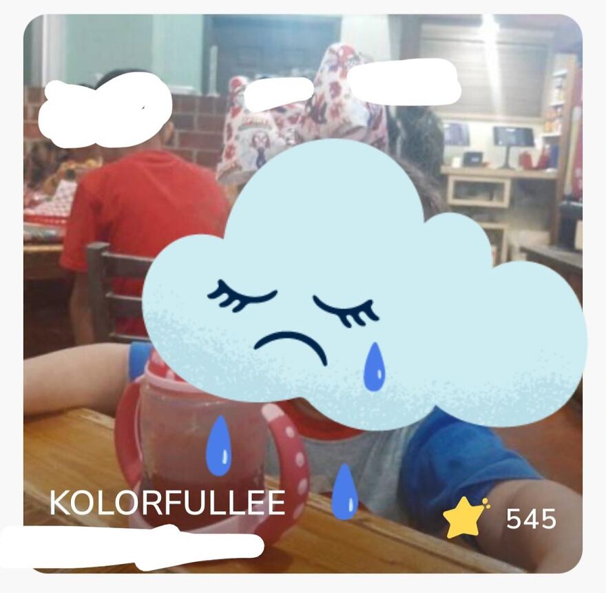 Child with a colorful cup, wearing a patterned headscarf, and a sad cloud graphic overlay.