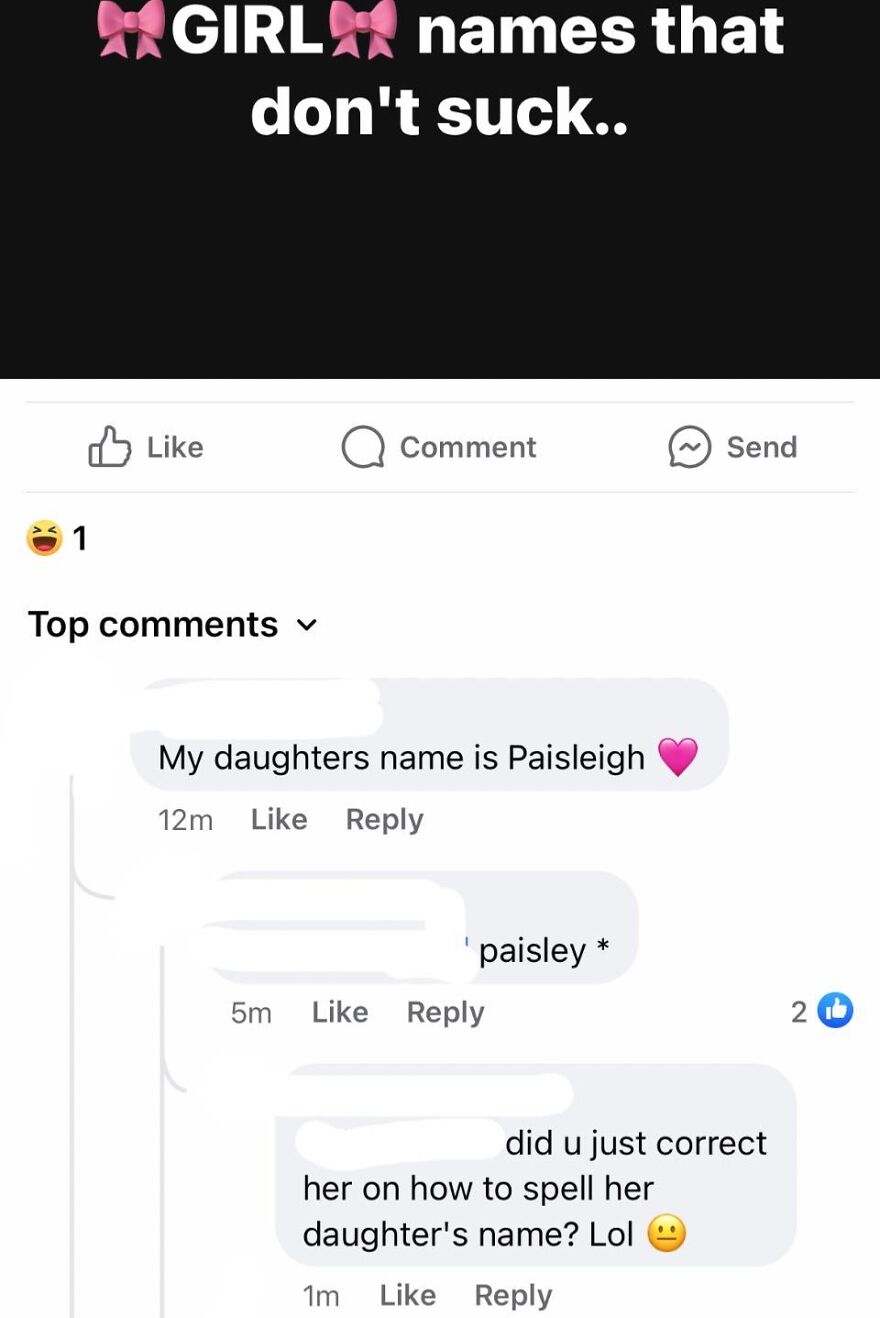 Social media exchange about hilariously unfortunate names, featuring a girl's name correction.