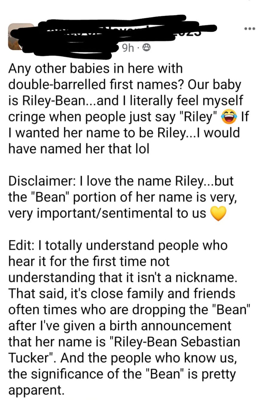 Text about a child's double-barrelled name, Riley-Bean, emphasizing the significance of "Bean."