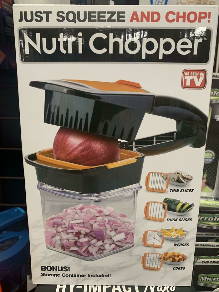 The Whole Onion In This Advertisement Has The Peel On It, In The Slicer