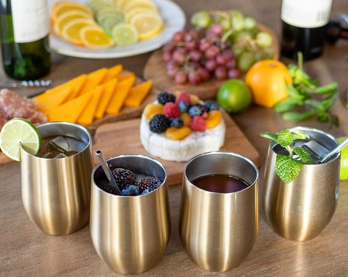 Indulge In Luxury Sipping With LoadedSpoon Stainless Steel Gold Wine Tumbler: Set Of 4 With Lid And Straw!