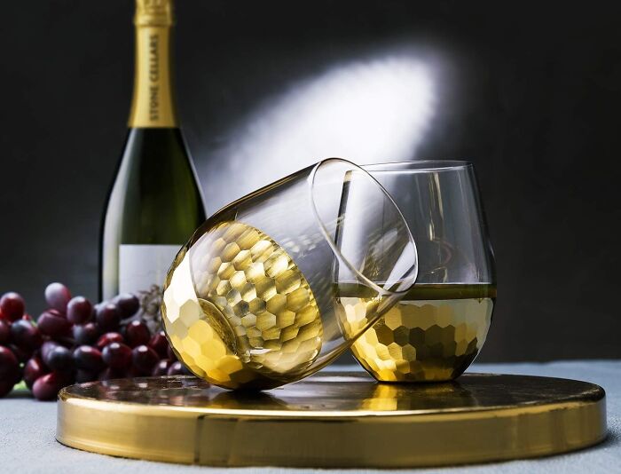  MyGift Modern Stemless Wine Glasses Set Of 4: Elevate Your Drinking Experience With Sleek Design And Hammered Brass Metal Bottoms!