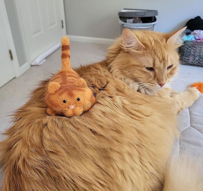 Orange cat lying down with a small felted cat toy on its back, showcasing a fun hobby for skill time over screen time.