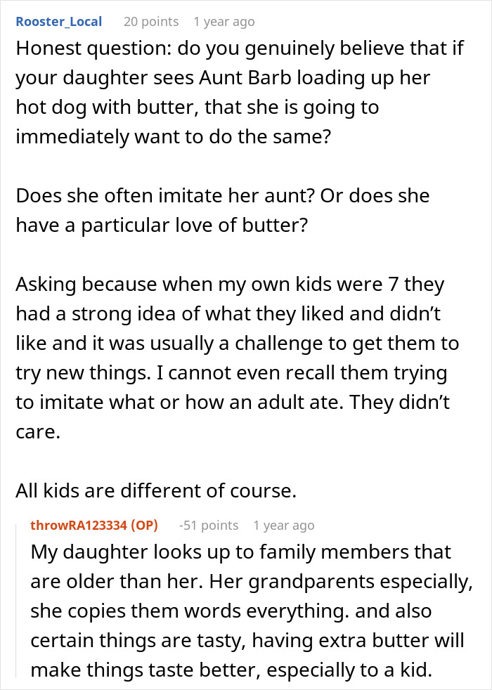 Woman Asks SIL To Stop Putting Butter On Her Food In Front Of Her Daughter