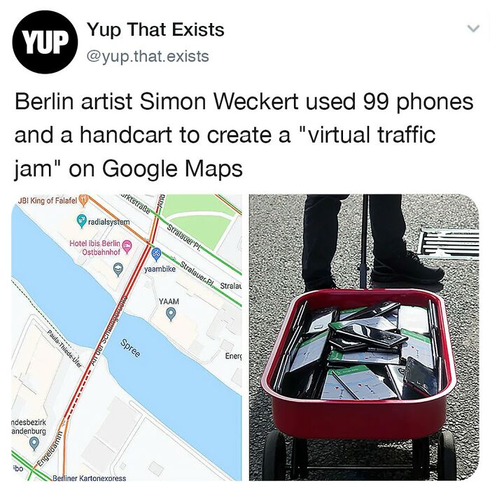 Screenshot of a social media post showing 99 phones on a handcart creating a virtual traffic jam on Google Maps.