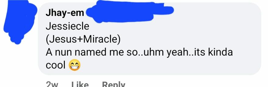 Unfortunate name screenshot: Jessicle formed from Jesus and Miracle, humorously explained in a comment.