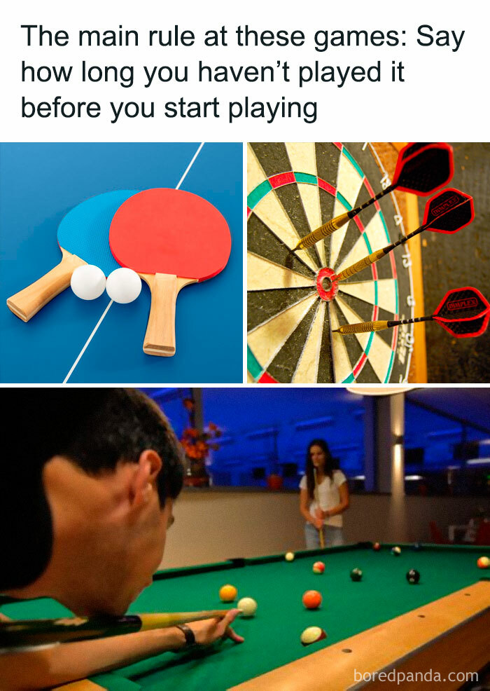Funny relatable memes about games including ping pong paddles, darts on a board, and people playing pool at night.