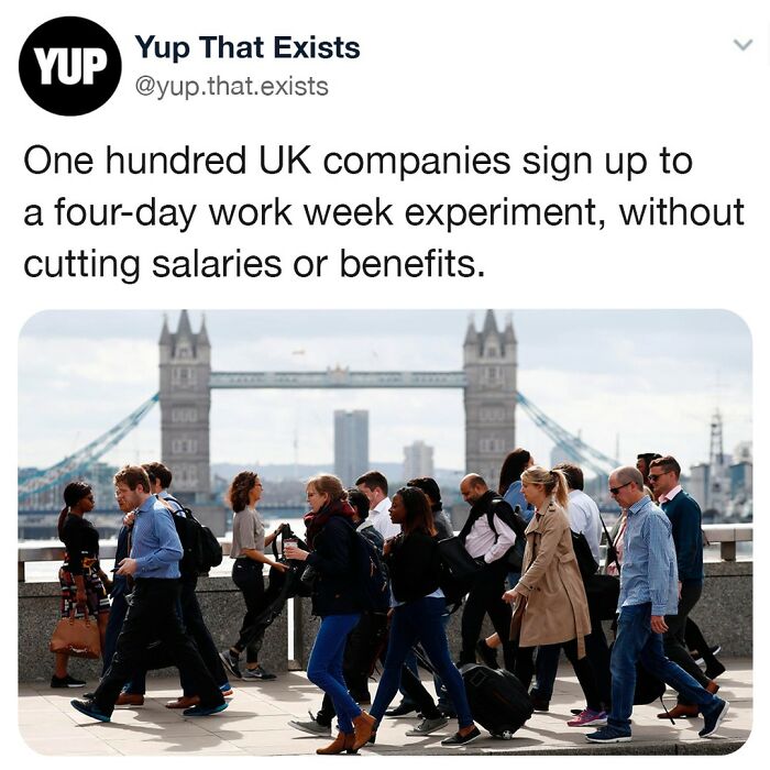 Social media post about UK companies joining a four-day work week experiment, illustrating weird but real work trends.