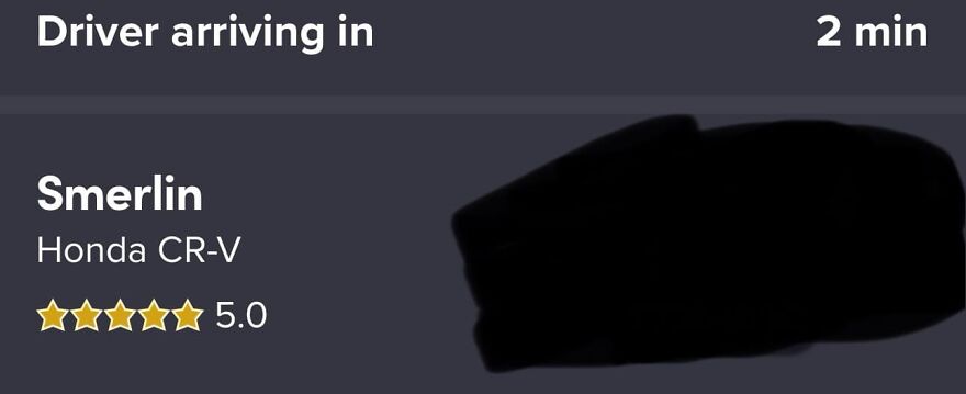 "Driver named Smerlin arriving in Honda CR-V with 5-star rating, 2 minutes away."