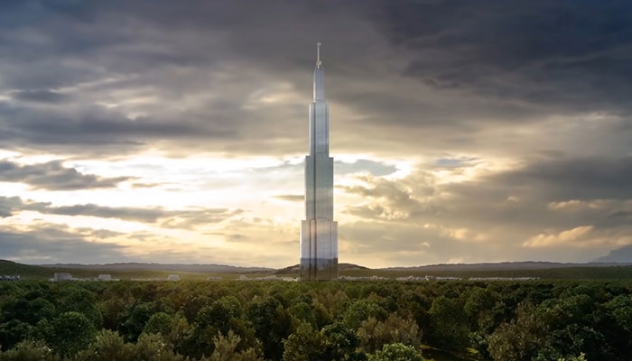 Tall dystopian apartment building in China surrounded by forest under a dramatic cloudy sky at sunset.