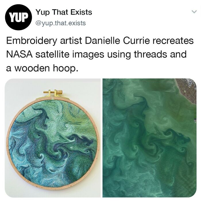 Embroidery art recreates NASA satellite images with colorful threads in a wooden hoop showing swirling ocean patterns.