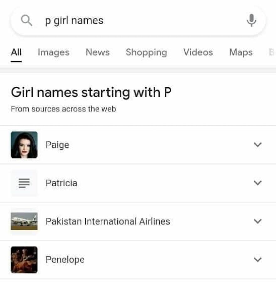 Search results for girl names starting with "P," including an unusual suggestion, highlighting unfortunate name choices.