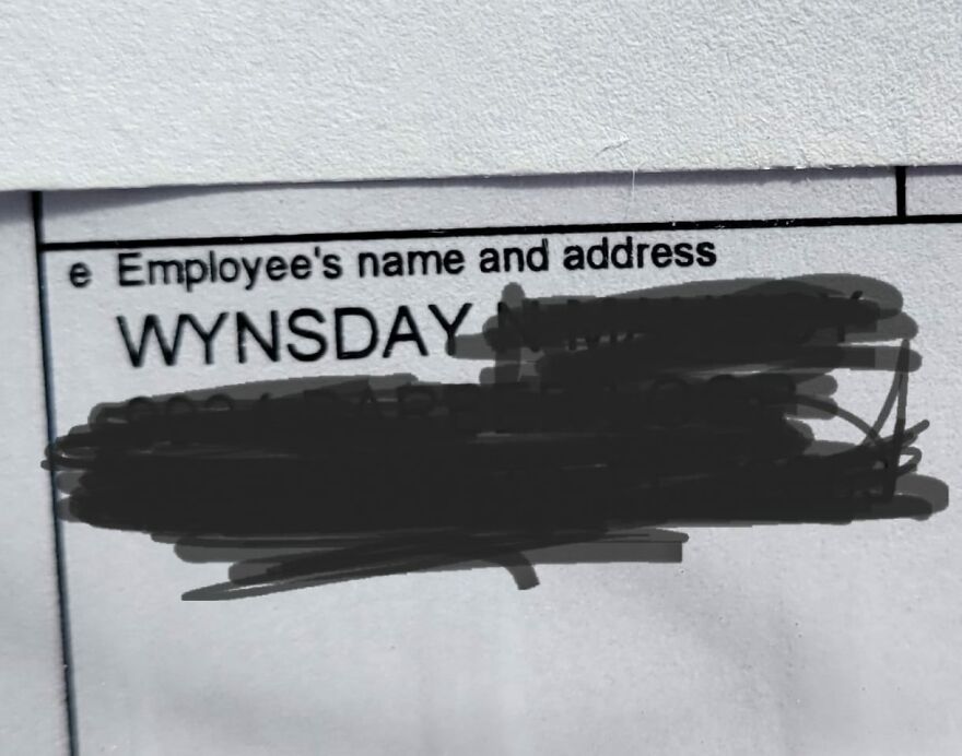 Document showing the hilariously unfortunate name "Wynsday," with blacked-out address section.
