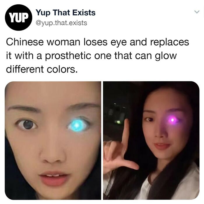 Chinese woman with a glowing, color-changing prosthetic eye showcasing one of the weird but very real things featured online.