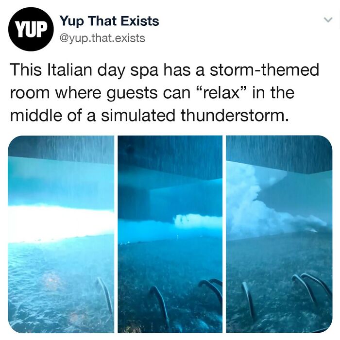 Italian day spa storm-themed room simulating thunderstorm with rain and lightning for unique relaxation experience.