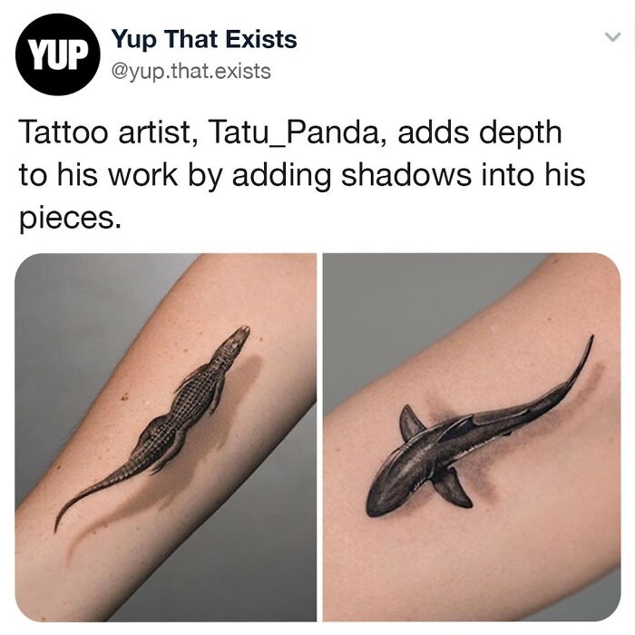Tattoo artist creates realistic 3D animal tattoos with shadows for depth shared on weird but real things online page.