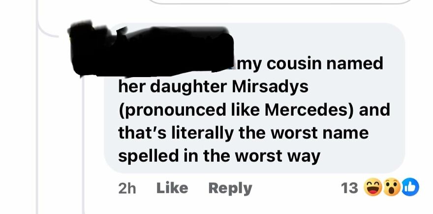 Social media comment on unfortunate child names, with a humorous take on the name Mirsadys.