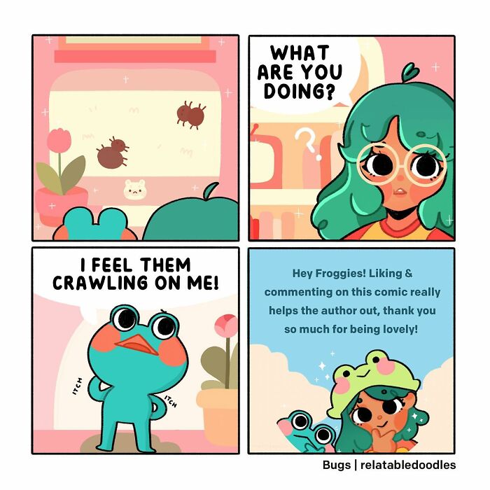 Comic by Relatable Doodles featuring a character reacting to bug drawings and wearing a frog hat, with a thank you message.