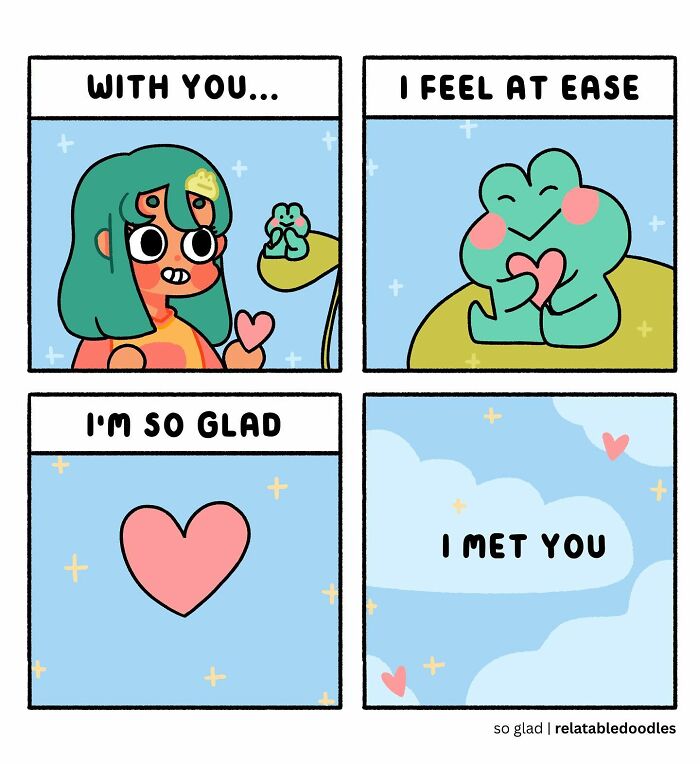 Relatable doodle comic with a character and frog exchanging hearts, expressing feelings of ease and happiness.