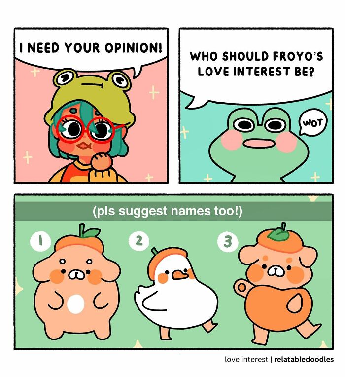 Comic by Relatable Doodles featuring cute characters and a query about Froyo's love interest choice.