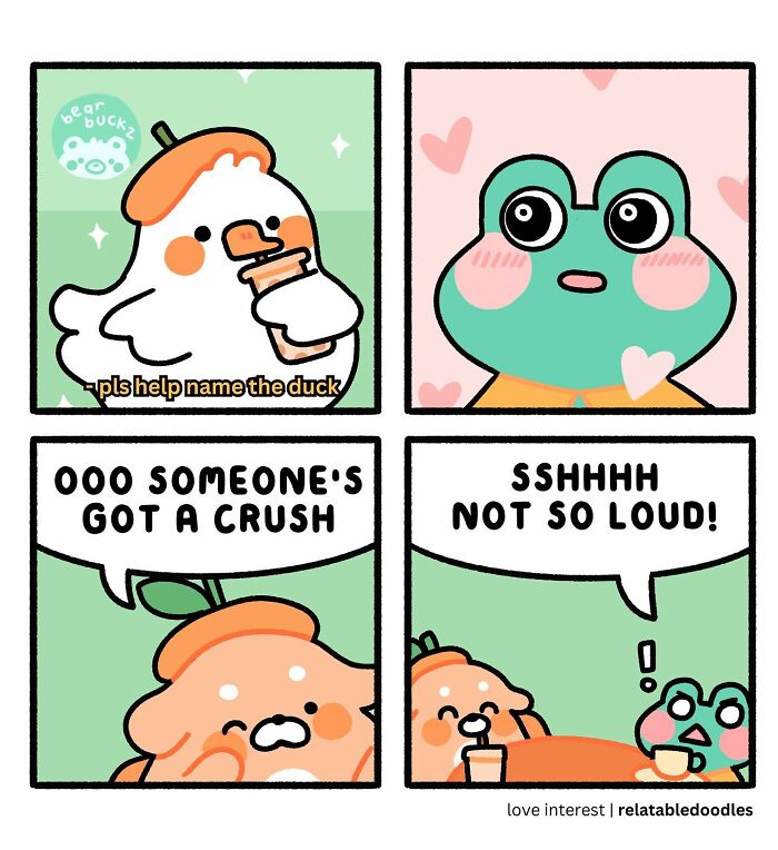 Cute comic by Relatable Doodles featuring a duck and a frog discussing a crush with humorous banter.