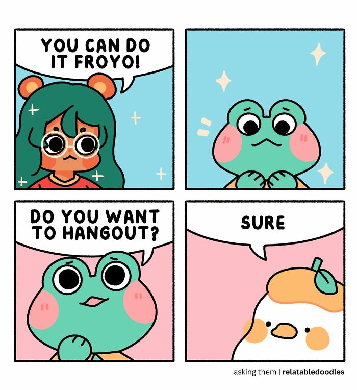 Comic strip by Relatable Doodles showing a frog and bear character having a friendly conversation.