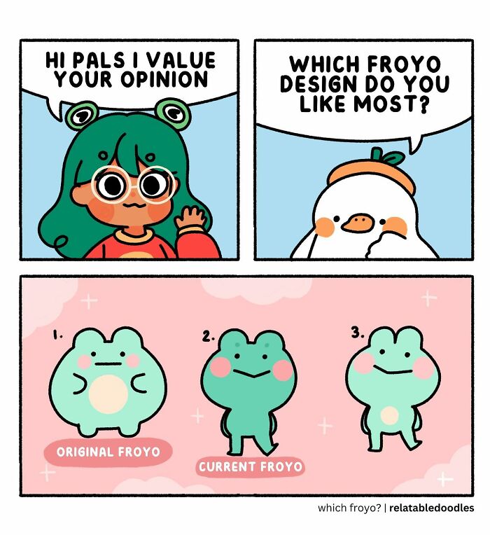Relatable doodles comic showing a character asking for opinions on different froyo designs.