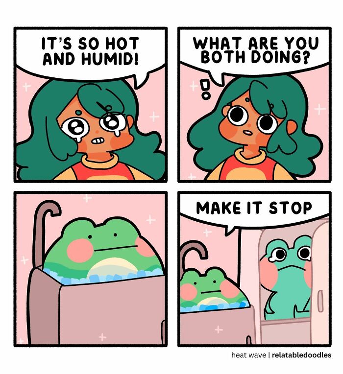 Comic by Relatable Doodles depicting a hot and humid day, with a girl and a frog in a dish tub to escape the heat.