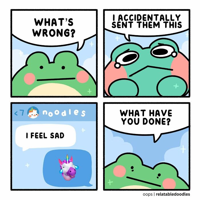 Cartoon frog looks worried after sending a unicorn sticker by mistake, expressing relatable moment in relatable doodles.